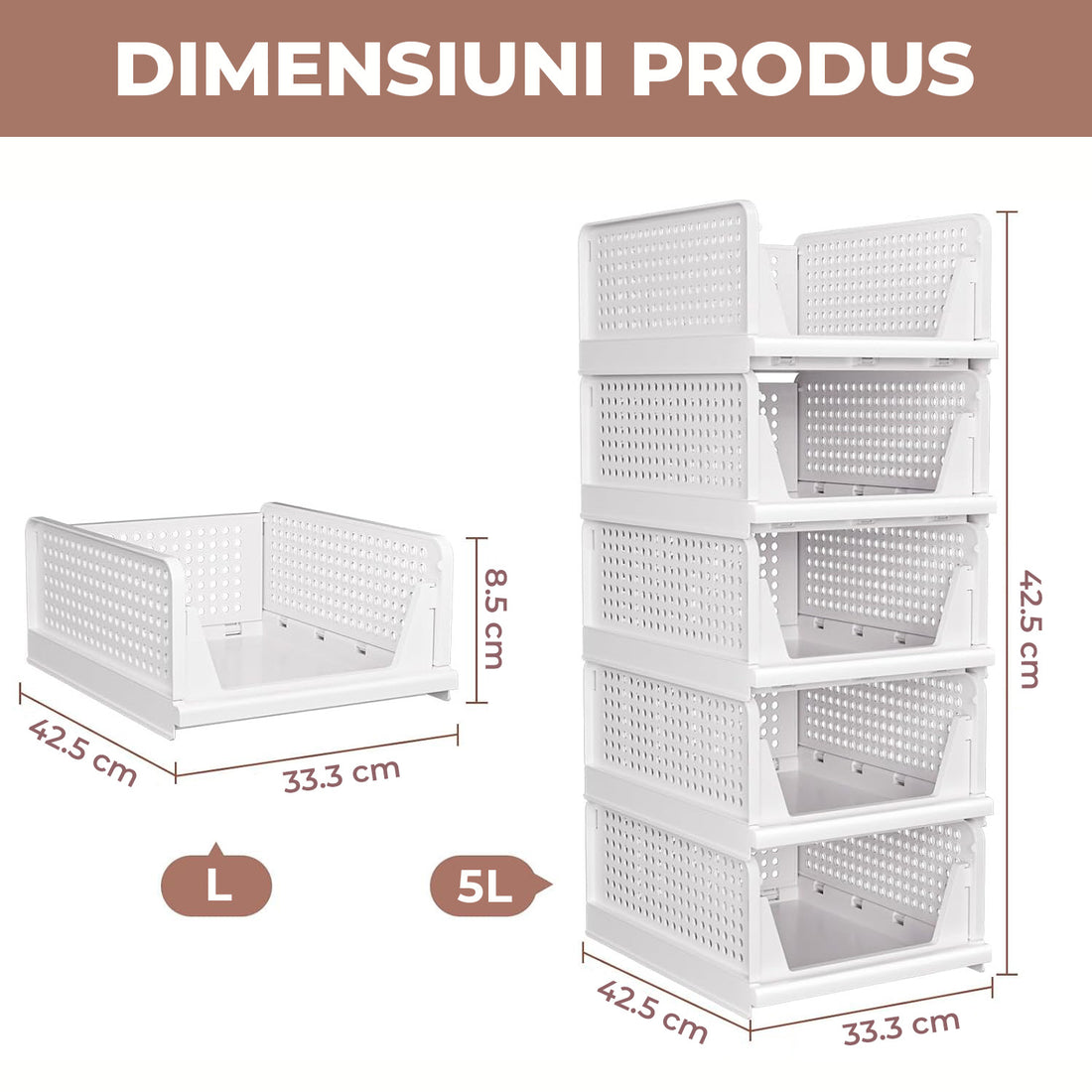 Set 8 Organizatoare Dulap Elindor®, Cutii Depozitare Stivuibile si Pliabile, Organizator pentru Dormitor, Cutie Organizare, Cos Multifunctional, Separator Haine, Paturi, Perne, Pilote, Jucarii, 42.5 × 33.3 × 8.5 cm, Alb