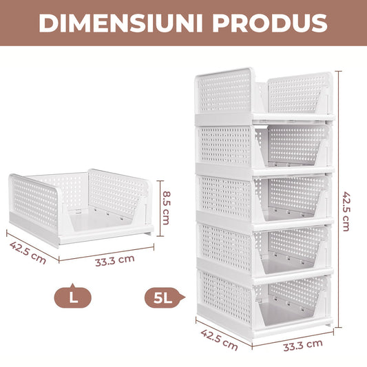 Set 8 Organizatoare Dulap Elindor®, Cutii Depozitare Stivuibile si Pliabile, Organizator pentru Dormitor, Cutie Organizare, Cos Multifunctional, Separator Haine, Paturi, Perne, Pilote, Jucarii, 42.5 × 33.3 × 8.5 cm, Alb