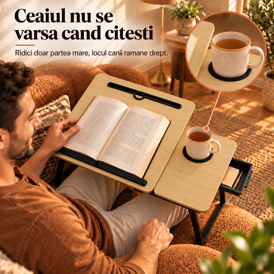 Masa Pliabila pentru Laptop Elindor® cu Suport Pahar, Antiderapanta, Unghiuri de Inclinare, Usor de Depozitat, Birou Portabil Utilizare in Orice Loc, Ideala la Munca sau Mic Dejun la Pat, Bej / Negru