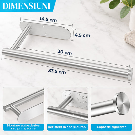 Suport Rola de Hartie Elindor® pentru Bucatarie, cu Montaj Autoadeziv sau prin Gaurire, pe Mobila sau Perete, Rezistenta la Apa, Ideal pentru Sevetele, Folie Alimentara, Prosop, Ustensile, Organizator Multifunctional, Otel Inoxidabil, 33.5 cm, Argintiu