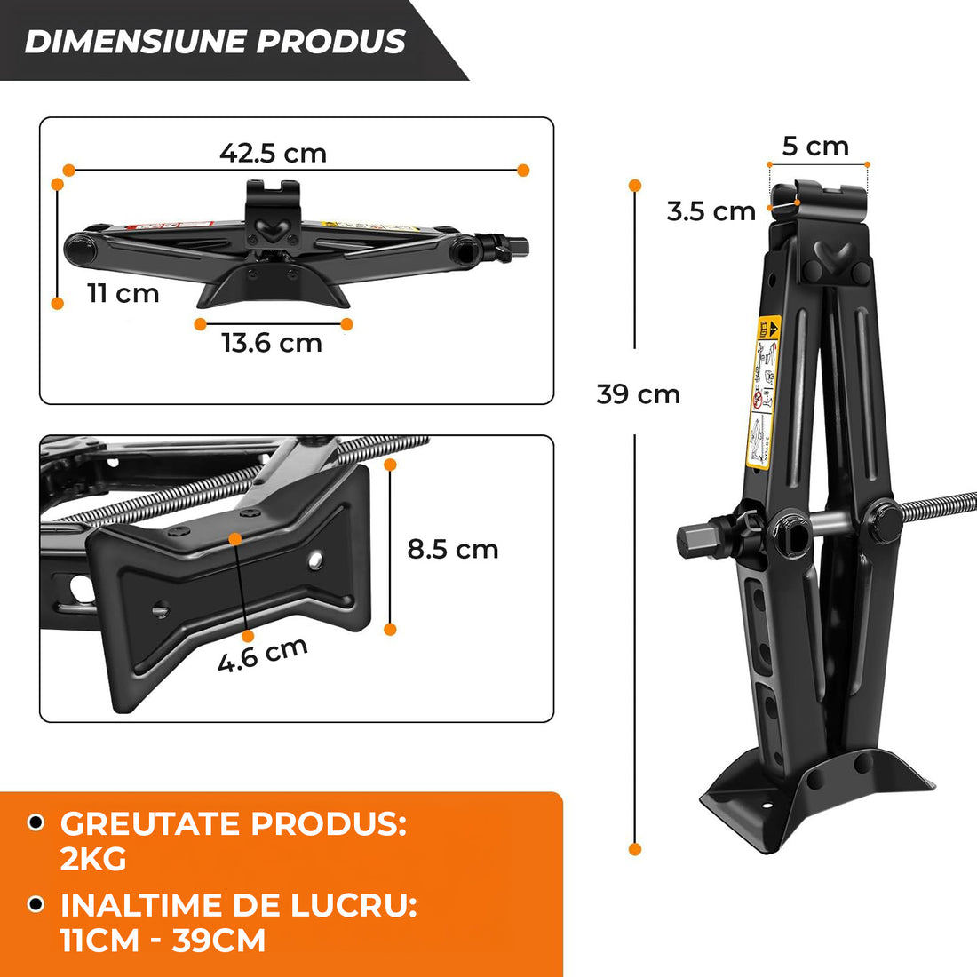 Cric Auto Trapezoidal Elindor® pentru Ridicarea Masinii, Greutate Maxima Suportata 2 Tone, Ideal pentru Vehicule Tip Autovehicul, Motocicleta, ATV, Camion, Utilaj Agricol, 41.5 × 9 × 10 cm, Negru