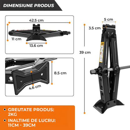 Cric Auto Trapezoidal Elindor® pentru Ridicarea Masinii, Greutate Maxima Suportata 2 Tone, Ideal pentru Vehicule Tip Autovehicul, Motocicleta, ATV, Camion, Utilaj Agricol, 41.5 × 9 × 10 cm, Negru