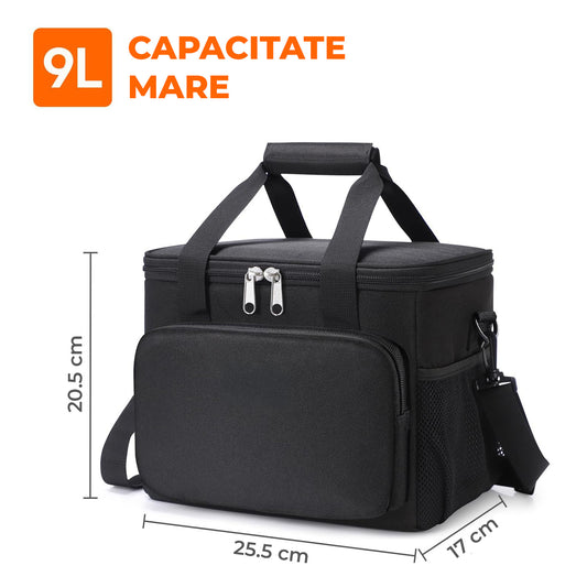 Geanta Termo-izolanta Elindor®, Geanta pentru Pranz, 9L, Material Oxford Impermeabil, Compartiment Spatios, Ideala pentru Mancare la Scoala, Loc de Munca 25.5 × 17 × 20.5 cm, Negru