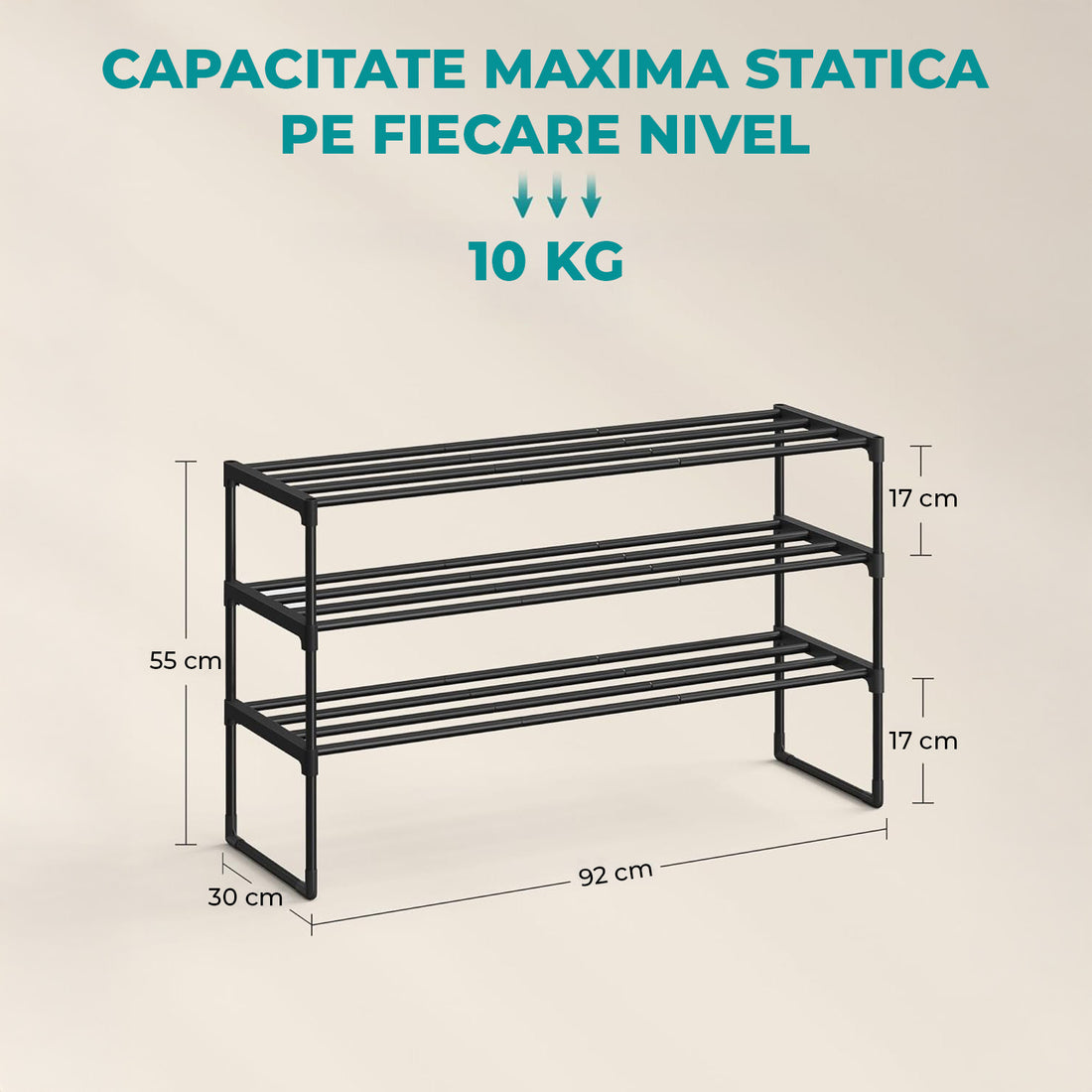 Organizator pentru Pantofi Elindor® Pantofar cu 3 Nivele Mari, Fara Gauri, Suport Metalic pentru Papuci, Dulap Hol, Dormitor, Economisire Spatiu, Depozitare Incaltaminte, 30 × 92 × 55 cm, Negru