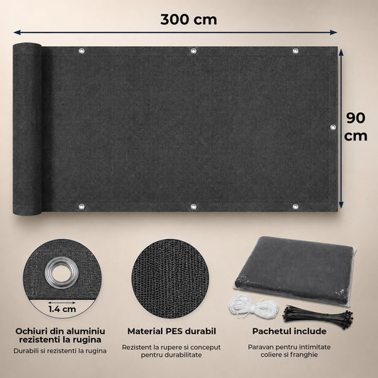 Paravan Balcon Elindor®, Protectie Intimitate, Plasa Impermeabila cu Strat PU, Rezistenta la Ploaie, Vant si Raze UV, Inele din Aluminiu, pentru Terasa si Foisor, Design Discret, 90 x 300 cm, Gri