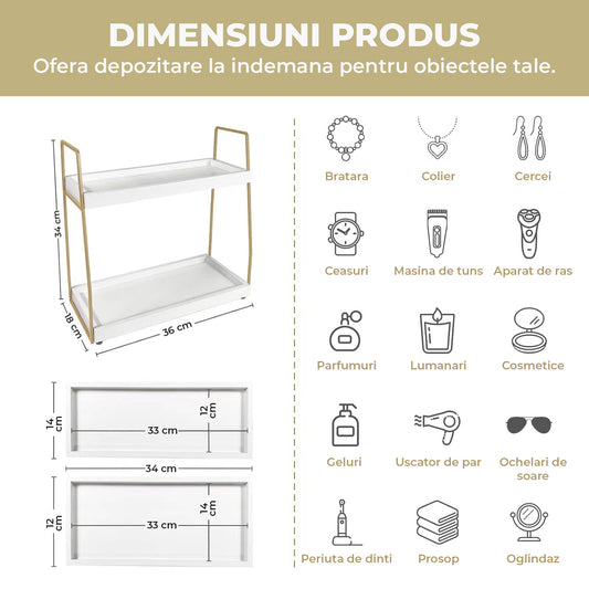 Etajera de Baie Elindor® pe 2 Niveluri, Tip Polita pe Blat, Raft de Dus, Organizator Baie sau Etajere Depozitare in Bucatarie, Suport Sapun, Rafturi de Dus, Accesorii din Lemn, 36 x 18 x 34 cm, Alb / Auriu