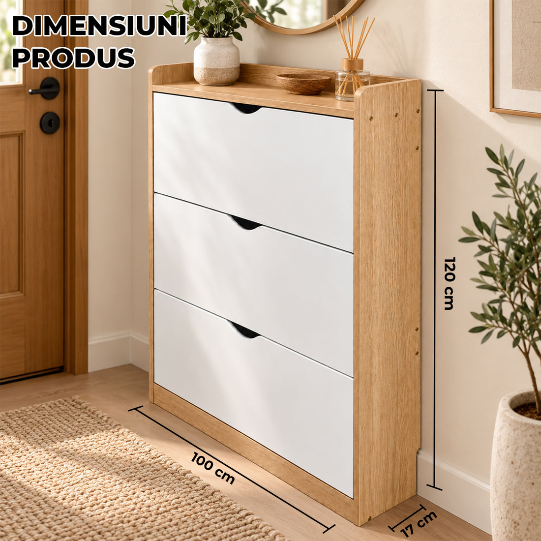 Dulap pentru Pantofi Elindor® Organizator Tip Pantofar cu 4 Niveluri, Fara Gauri, Suport pentru Papuci, Dulap Hol, Living, Dormitor, Economisire Spatiu, Depozitare Incaltaminte, 120 x 100 x 17 cm, Alb / Bej