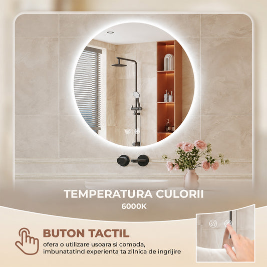 Oglinda de Perete Elindor® Rotunda, fara Rama, Decorativa, Eleganta, Ideala pentru Baie, Birou, Hol, Living, Dressing, Iluminare Led, Intensitate Ajustabila, Antiaburire, Temperatura de Culoare 6000K, 80 x 80 cm