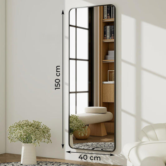 Oglinda de Podea Neagra Elindor® Decorativa, Verticala, Dreptunghiulara, Colturi Rotunjite, Suport Rabatabil, Montaj pe Perete sau Podea, Ideala pentru Dormitor, Living, Birou, Hol Dressing sau Nunta, Perfecta pentru Mireasa, Rama din Aluminiu, 150x40 cm