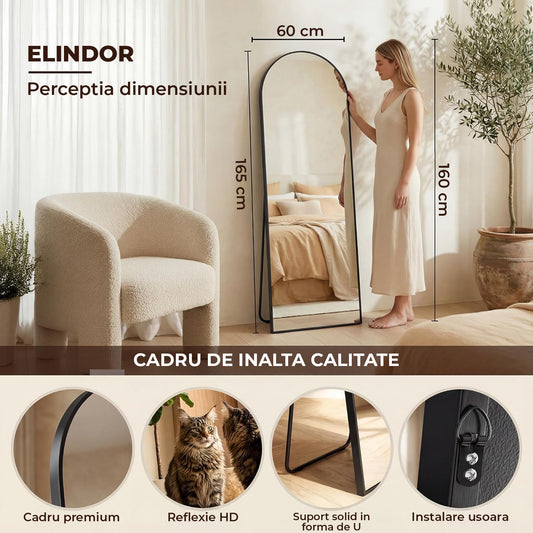Oglinda de Podea Neagra Elindor®, 165 x 60 cm, cu Suport, cu Rama Tip Arcada din Aluminiu, Montare pe Perete sau Agatare, Oglinda Corp Intreg Pentru Dormitor, Living, Birou sau Dulap, Usoara, Multifuntionala, Reglabila
