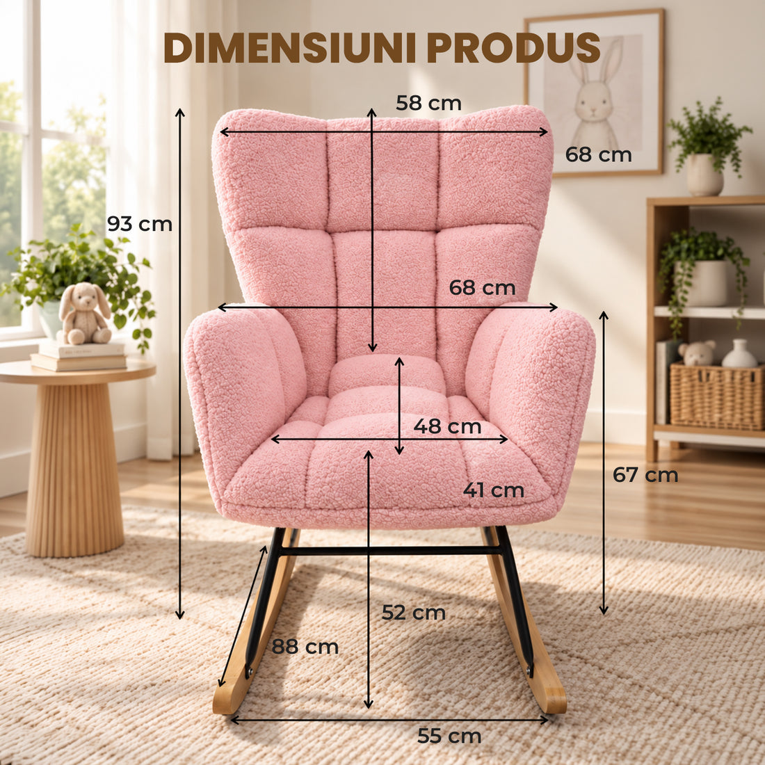 Fotoliu Balansoar Elindor® cu Spatar, Ergonomic, Cadru Solid din Otel, Ideal pentru Living, Dormitor, Camera Copilului, 68 x 88 x 93 cm, Roz