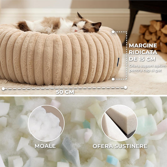 Pat Confortabil pentru Caini si Pisici Elindor® Rotund, Culcus Moale Antiderapant, Potrivit pentru Caine si Pisica de Talie Mica si Medie, Ideal in Orice Anotimp, in Casa, Marimea S, 50x50x15 cm, Bej
