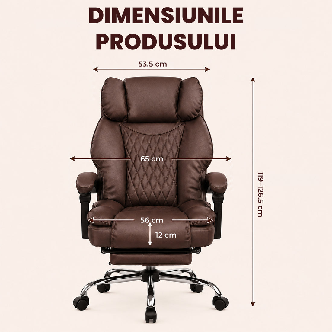 Scaun de Birou Elindor® Ergonomic, Design Contemporan, Scaun cu Spatar si Manere, din Piele PU cu Suport pentru Picioare si Lombar, cu Roti, Inaltime Reglabila 119 - 126.5 cm, Maro Inchis
