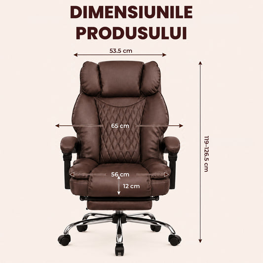 Scaun de Birou Elindor® Ergonomic, Design Contemporan, Scaun cu Spatar si Manere, din Piele PU cu Suport pentru Picioare si Lombar, cu Roti, Inaltime Reglabila 119 - 126.5 cm, Maro Inchis