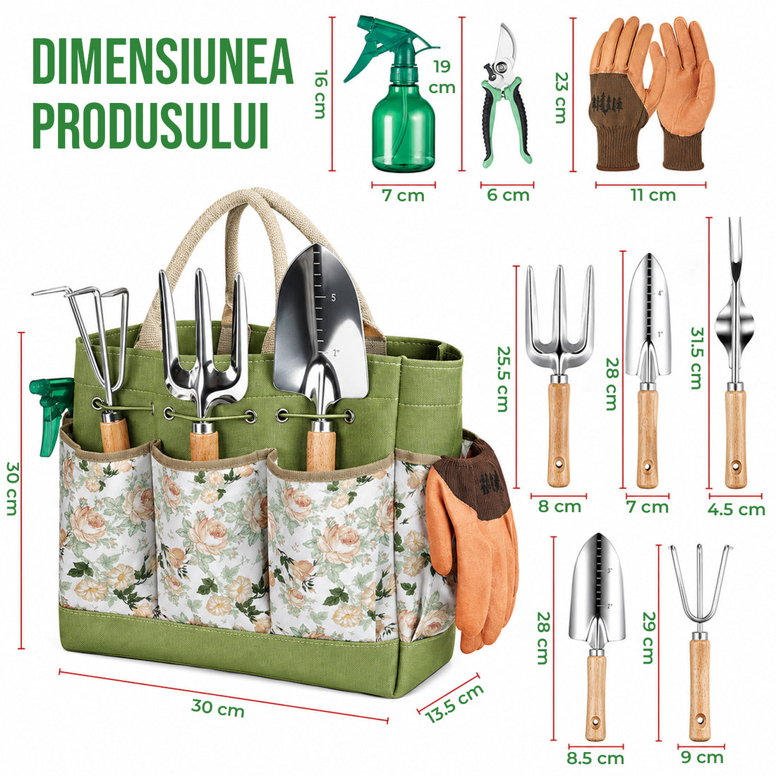 Set 8 Accesorii Elindor® pentru Gradinarit, Instrumente din Otel Inoxidabil, cu Maner Ergonomic din Lemn de Fag, Geanta de Gradina cu Maner si 5 Buzunare, Model Floral, Manusi Protectie, Grebla, Lopatica, Sticla Pulverizare, Cleste, Accesorii Plante