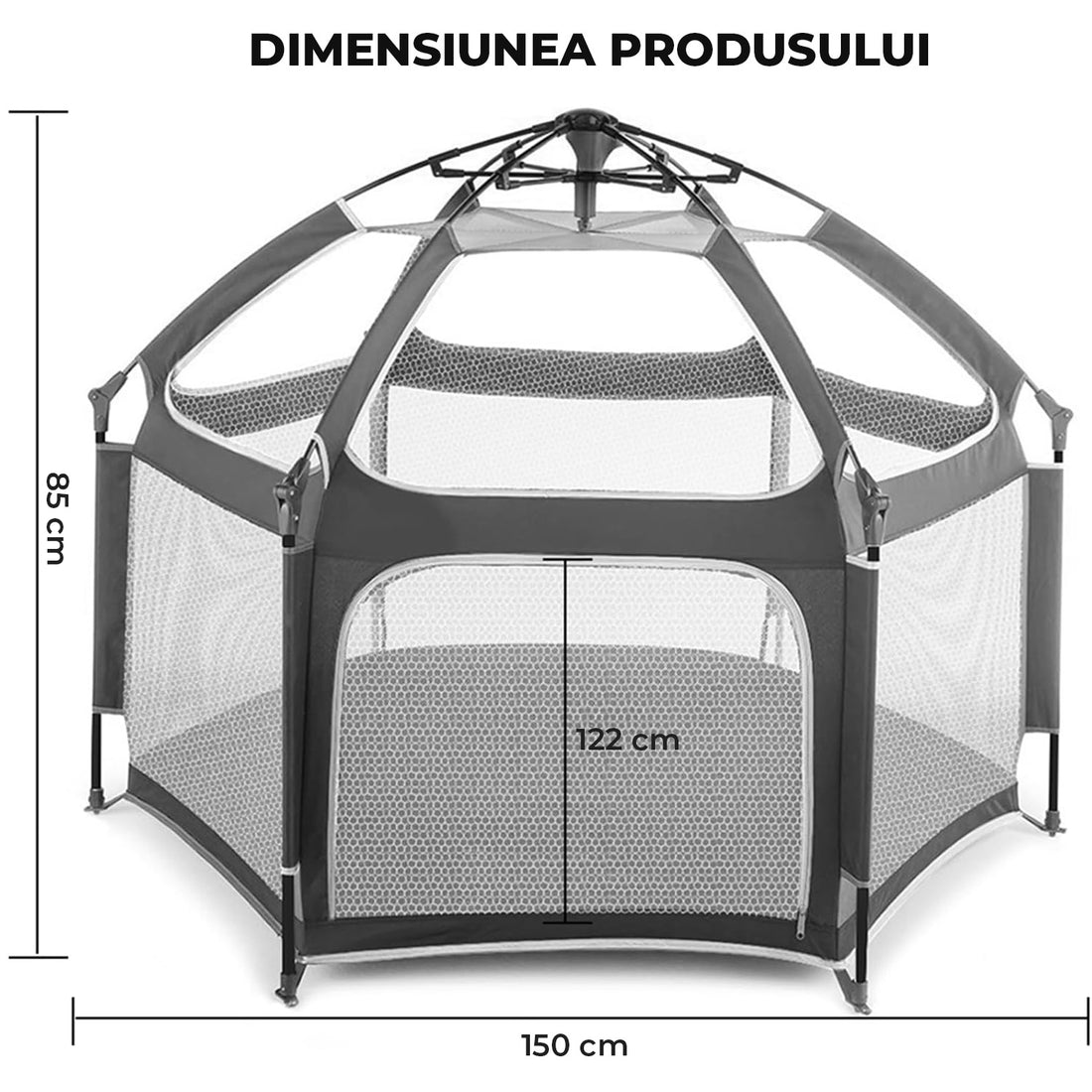 Tarc de Joaca pentru Bebelusi si Copii Elindor® Tip Cort, Spatiul Sigur de Joaca, Plasa de Protectie UV, Include Usa cu Fermoar, Materiale Eco-Friendly și Non-Toxice, Varsta 1-3 ani, 150 x 122 cm, Gri
