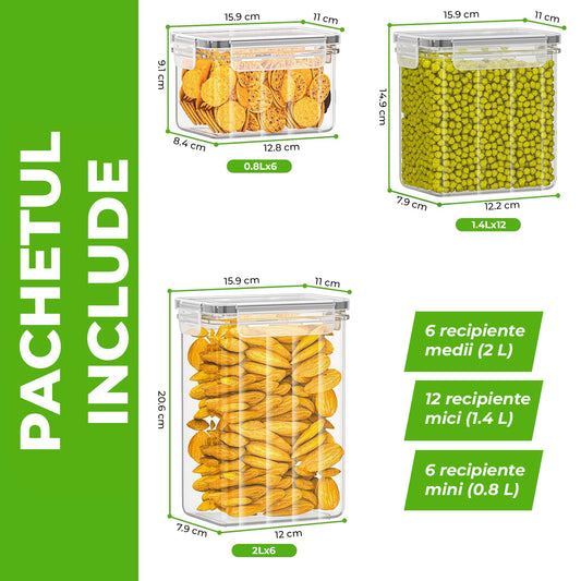 Set de 24 Recipiente Elindor® Mari si Mici, cu Capac Etans, Caserole Ingrediente pentru Bucatarie, pentru Alimente Uscate, Recipient pentru Depozitare Cafea, Zahar, Paste, Cereale, Capac Etans, fara BPA, Transparent