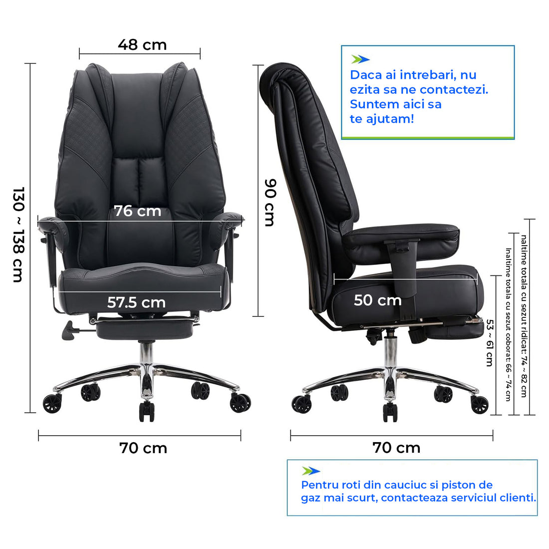 Scaun de Birou Elindor® Ergonomic, Design Contemporan, Scaun cu Spatar si Manere, din Piele PU cu Suport pentru Picioare si Roti, Latime Sezut 58 cm, Inaltime intre 48-56 cm, Negru