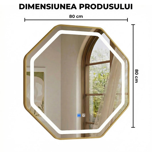 Oglinda Octogonala Aurie Elindor® Decorativa, Eleganta si Moderna, Sticla fara Distorsiuni, Ideala pentru Dormitor, Living, Birou, Dressing, Hol, Rama Metalica, Diametru 80 x 80 cm