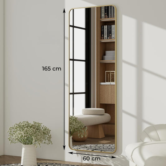 Oglinda de Podea Aurie Elindor® Decorativa, Verticala, Dreptunghiulara, Colturi Rotunjite, Suport Rabatabil, Montaj pe Perete sau Podea, Ideala pentru Dormitor, Living, Birou, Hol Dressing sau Nunta, Perfecta pentru Mireasa, Rama din Aluminiu, 165x60 cm