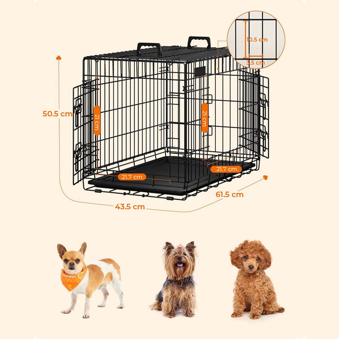 Cusca pentru Animale Elindor® Pliabila, Potrivita pentru Caini de Talie Mica, Medie de 7.5 Kg, Utilizare in Interior si Exterior sau Calatorii, cu 2 Usi, Baza din Plastic Detasabila, 2 Manere pentru Transport, Marime M, 61.5 × 43.5 × 50.5