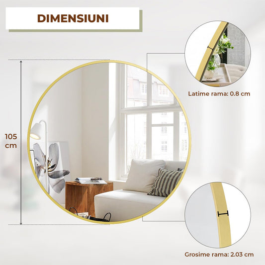 Oglinda Rotunda Aurie Elindor® Decorativa, Moderna si Eleganta, Reflexie HD, Sticla fara Distorsiuni, Ideala pentru Dormitor, Living, Birou, Dressing, Hol, Rama Metalica, Diametru 105 cm