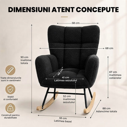 Fotoliu Balansoar Elindor® cu Spatar, Ergonomic, Cadru Solid din Otel, Ideal pentru Living, Dormitor, Camera Copilului, 68 x 88 x 93 cm, Negru