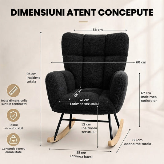 Fotoliu Balansoar Elindor® cu Spatar, Ergonomic, Cadru Solid din Otel, Ideal pentru Living, Dormitor, Camera Copilului, 68 x 88 x 93 cm, Negru