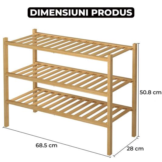 Organizator pentru Pantofi Elindor® Pantofar cu 3 Nivele Mari, Fara Gauri, Suport Bambus pentru Papuci, Dulap Hol, Dormitor, Economisire Spatiu, Depozitare Incaltaminte, 50.8 × 28 × 68.5 cm, Bej