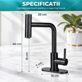 Baterie Chiuveta Baie Neagra Elindor® Robinet de Apa, Modern cu Pipa Extractibila, 4 Tipuri de Jet: Cascada, Delicat, Jet Puternic si Dus, Monocomanda, Rotativ 360°, pentru Bucatarie, Otel Inoxidabil SUS304, Finisaj Mat