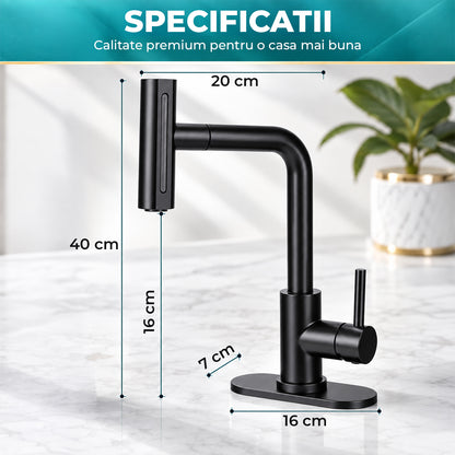 Baterie Chiuveta Baie Neagra Elindor® Robinet de Apa, Modern cu Pipa Extractibila, 4 Tipuri de Jet: Cascada, Delicat, Jet Puternic si Dus, Monocomanda, Rotativ 360°, pentru Bucatarie, Otel Inoxidabil SUS304, Finisaj Mat