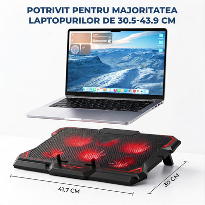 Cooler Laptop Gaming RGB Elindor® Suport cu Unghi Reglabil, Dimensiuni Compatabile 12-17.3 Inch, 6 Ventilatoare Puternice si Silentioase 26dB, Viteza Ajustabila, 2 Porturi USB, pentru Birou, Calatorii, 41.7 × 30 × 3 cm, Negru