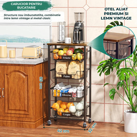 Organizator Bucatarie 5 Nivele Elindor® tip Carucior cu Roti, Multifunctional, Raft Mobil Organizare Baie, Camara, Birou, Bar, Dulap Metalic pentru Depozitare Legume, Fructe, Detergenti, Parfumuri, 4x Cutie Detasabila, 32 × 42 × 89 cm, Negru