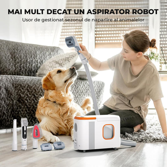 Aspirator 3 in 1 Elindor® pentru Aspirare Covoare, Spalare Podele si Grooming Animale, Robot pentru Reducerea Alergenilor, Control prin Aplicatie, Ideal pentru Casa, Interior, 6000Pa, 5000 mAh, Autogolire. 3L, Alb