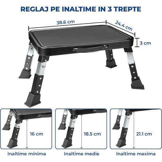 Taburet Pliabil Reglabil Elindor®, Platforma Antiderapanta, cu 3 Niveluri de Inaltime, din Otel Carbon si Plastic Durabil, Suprafata si Baza Antiderapanta, 38.6 × 26.4 × 24.1 cm, Negru