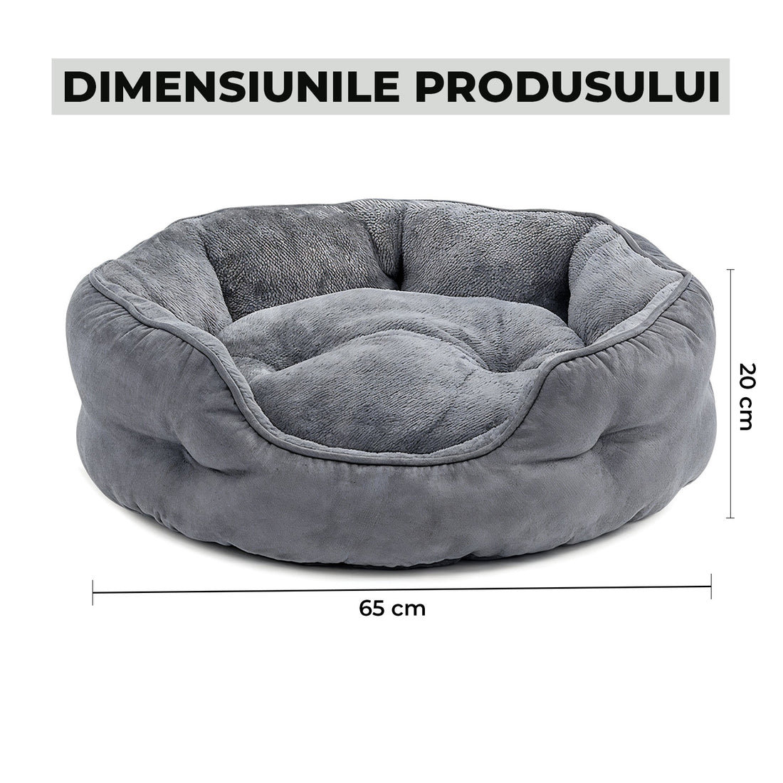 Pat Confortabil pentru Caini si Pisici Elindor® Rotund, Culcus Moale Antiderapant, Potrivit pentru Caine si Pisica de Talie Mica si Medie, Ideal in Orice Anotimp, in Casa, Marimea M, 65x55x20 cm, Gri