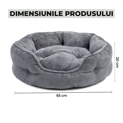 Pat Confortabil pentru Caini si Pisici Elindor® Rotund, Culcus Moale Antiderapant, Potrivit pentru Caine si Pisica de Talie Mica si Medie, Ideal in Orice Anotimp, in Casa, Marimea M, 65x55x20 cm, Gri