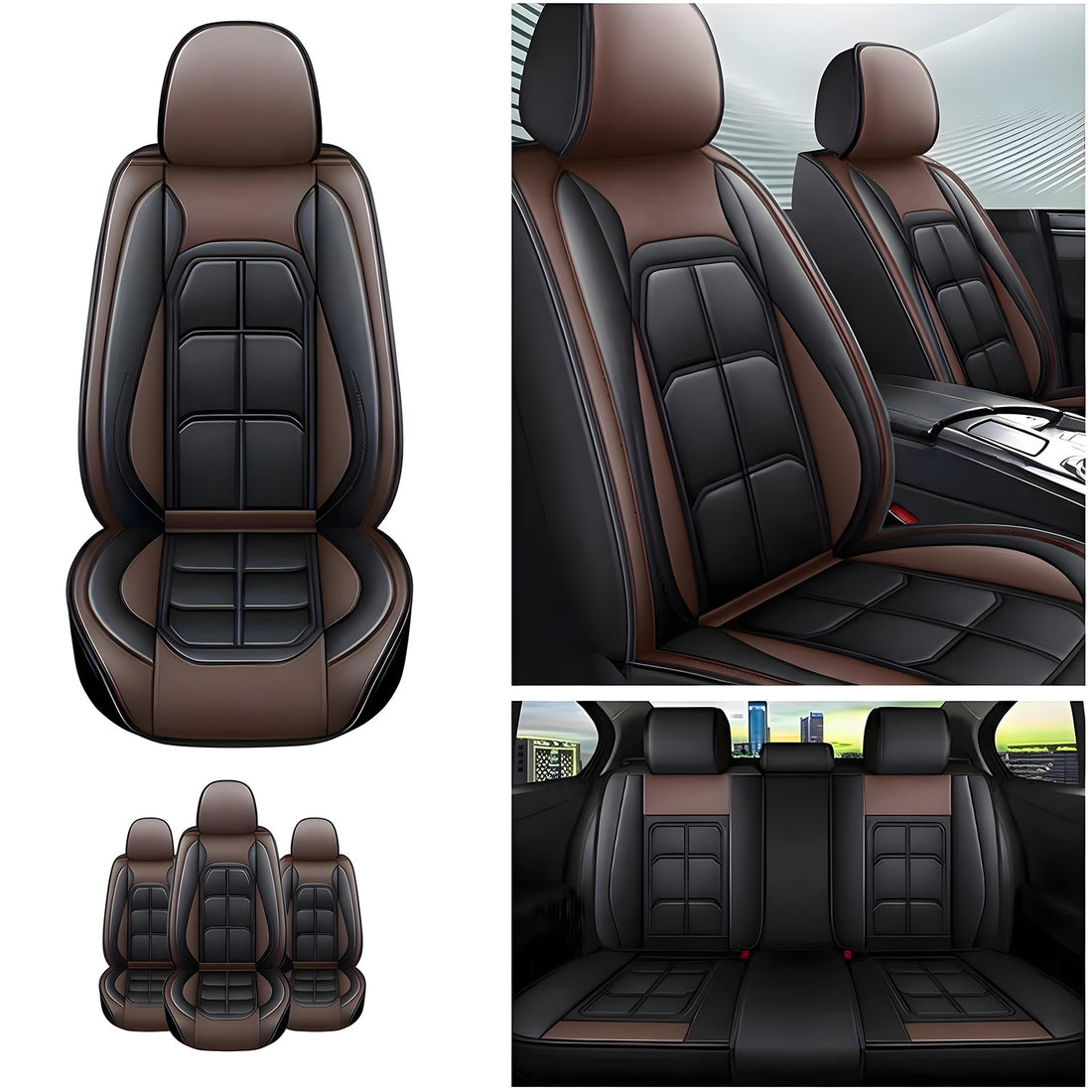 Set 5 Huse Scaune Auto Elindor® Universale, Husa pentru Protectie Sezut si Spatar Scaun Fata si Bancheta Spate, Impermeabila, Piele Ecologica, Accesorii Masina Huse Interior, Maro