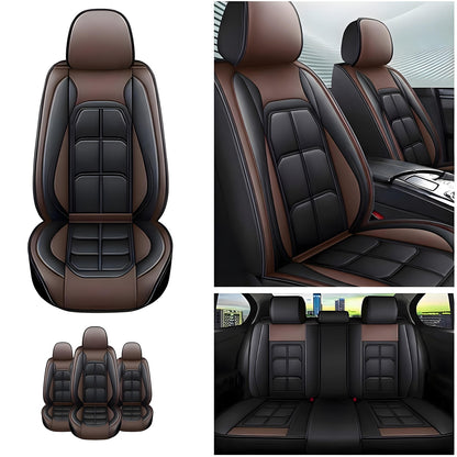 Set 5 Huse Scaune Auto Elindor® Universale, Husa pentru Protectie Sezut si Spatar Scaun Fata si Bancheta Spate, Impermeabila, Piele Ecologica, Accesorii Masina Huse Interior, Maro