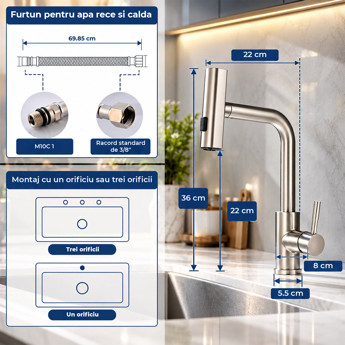Baterie Chiuveta Baie Aurie Elindor® Robinet de Apa, Modern cu Pipa Extractibila, 4 Tipuri de Jet: Cascada, Delicat, Jet Puternic si Dus, Monocomanda, Rotativ 360°, pentru Bucatarie, Otel Inoxidabil SUS304, Finisaj Mat