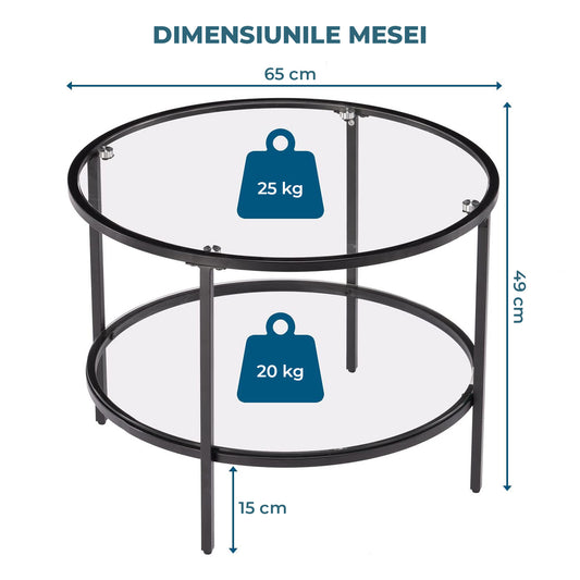 Masa de Cafea Elindor® din Sticla, Rotunda, Design Industrial, Ideala pentru Living, Birou, Dormitor, Mobila Multifunctionala, Moderna, Greutate Maxima Suportata 45 kg, Cos Depozitare, 65x65x49 cm, Negru
