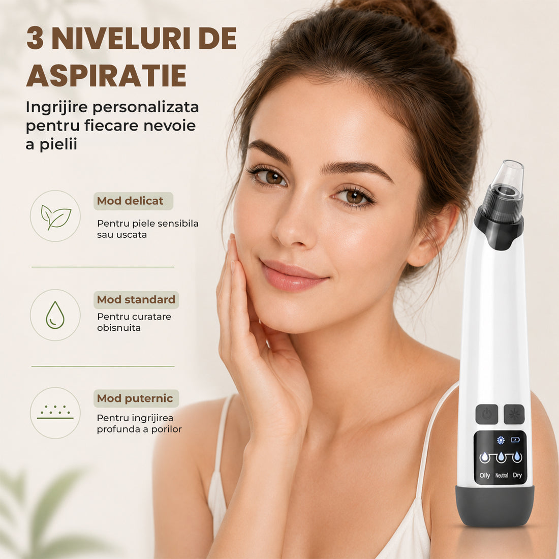 Aparat pentru Puncte Negre Elindor® Aspirator Reglabil, 4 Capete Incluse, 3 Trepte de Viteza, Ingrijirea Tenului, Alb
