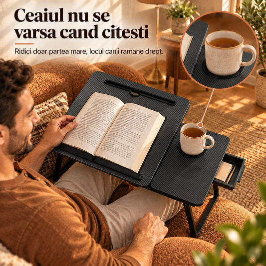 Masa Pliabila pentru Laptop Elindor® cu Suport Pahar, Antiderapanta, Unghiuri de Inclinare, Usor de Depozitat, Birou Portabil Utilizare in Orice Loc, Ideala la Munca sau Mic Dejun la Pat, Negru