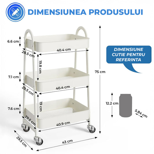 Carucior Organizator 3 Niveluri Elindor®, cu Roti 360°, Organizator Bucatarie, Multifunctional, Raft Mobil Organizare Baie, Camara, Birou, Bar, 42.5 × 29.5 × 75 cm, Alb