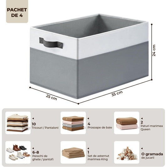 Set 4 Cutii Depozitare Elindor® Pliabile, Tip Sertar, Organizator pentru Dormitor Studentesc, Organizatoare pentru Dulap, Cutie Organizare, Cos Multifunctional, Separator Haine, Paturi, Jucarii, Pentru Dormitor, Living, 35 x 25 x 24 cm, Alb / Gri