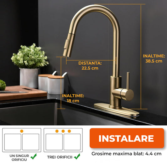 Baterie Chiuveta Aurie Elindor® Robinet de Apa, Modern cu Pipa Flexibila, Jet Reglabil, Cap Dus Extractabil cu Doua Functii, Monocomanda, Rotativ 360°, pentru Bucatarie, Otel Inoxidabil