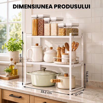 Set 2 Rafturi Elindor® din Otel Carbon, Raft Fix si Suprapus pentru Bucatarie, Organizator Metalic, Ideal ca Etajera Depozitare in Camara sau Birou, Perfect pentru Condimente, Vesela, Farfurii, Stabil si Compact, Polita, 37 x 33 x 21 cm, Alb
