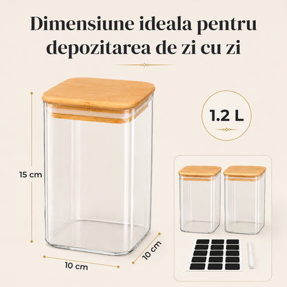 Set 2 Borcane din Sticla Elindor® cu Capac Ermetic din Bambus, Borcan 1200 ml, Marker si Etichete Incluse, Ideal pentru Condimente, Fructe Uscate, Cafea, Zahar, Recipient Depozitare in Bucatarie, 15 × 10 cm, Transparent