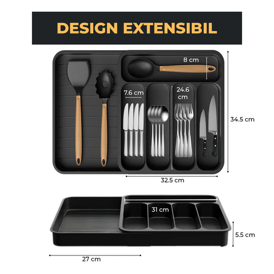 Organizator Elindor® pentru Tacamuri si Ustensile de Bucatarie, 6 Compartimente, Sertar Extensibil 34.5×32.5×5.5 cm, Suport Ajustabil pentru Cutite, Linguri, Furculite, Accesorii Bucatarie, Separator Sertar, Negru
