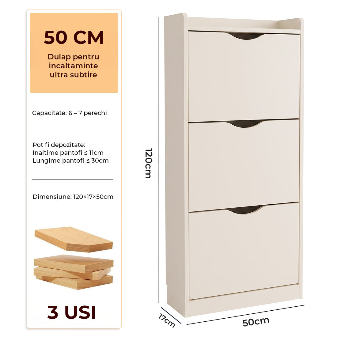 Organizator pentru Pantofi Elindor® Pantofar tip Dulap cu 3 Nivele Mari, Fara Gauri, Suport pentru Papuci, Dulap Hol, Living, Dormitor, Economisire Spatiu, Depozitare Incaltaminte, 50 x 17 x 120 cm, Bej